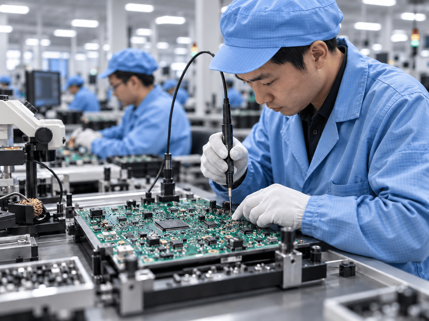 Operators assembling circuit boards on a staffed production line