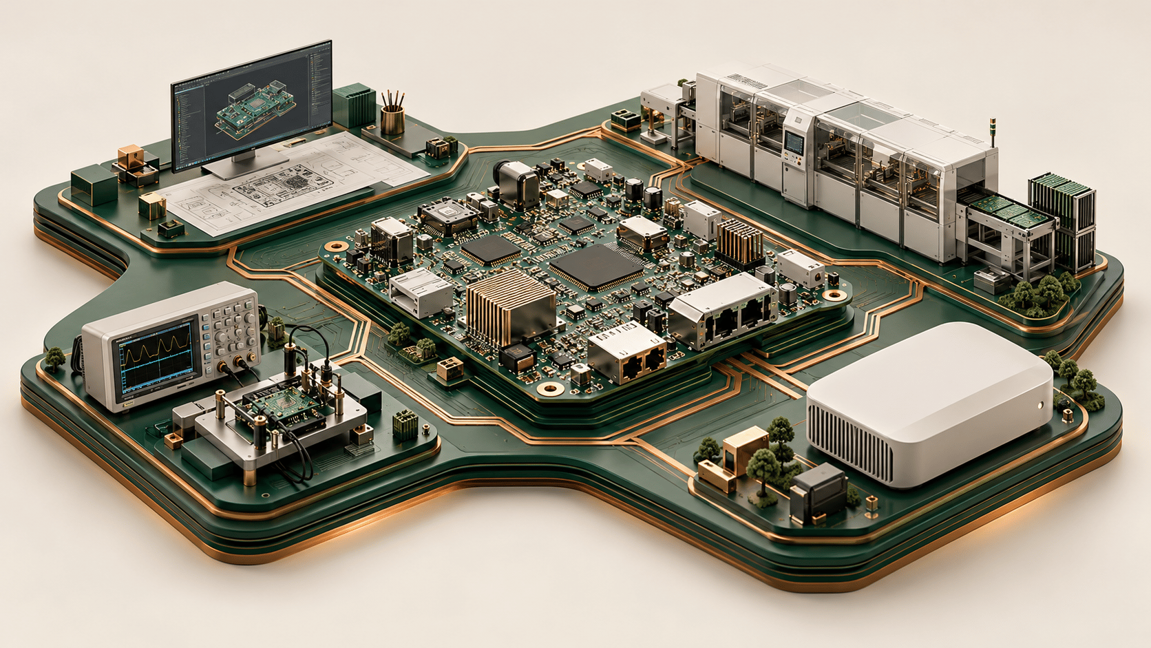 Illustrazione che collega progettazione PCB, assemblaggio, test e dispositivo finito.