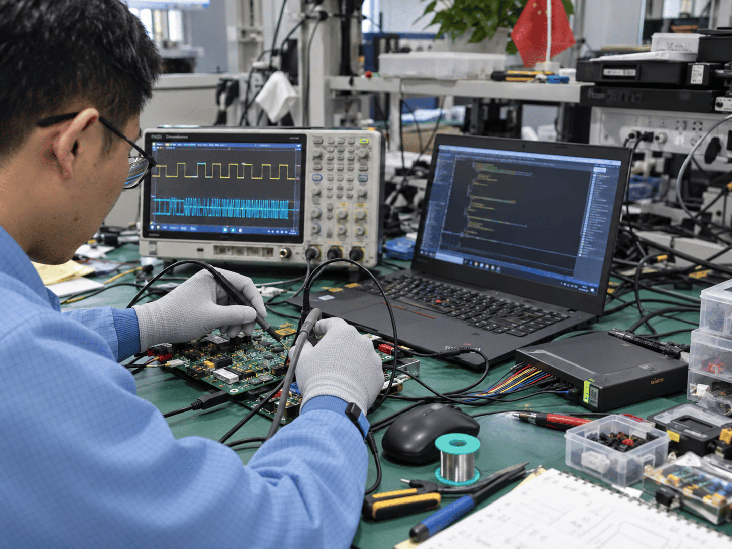 Engineer probing an embedded controller board connected to logic analysis and test equipment