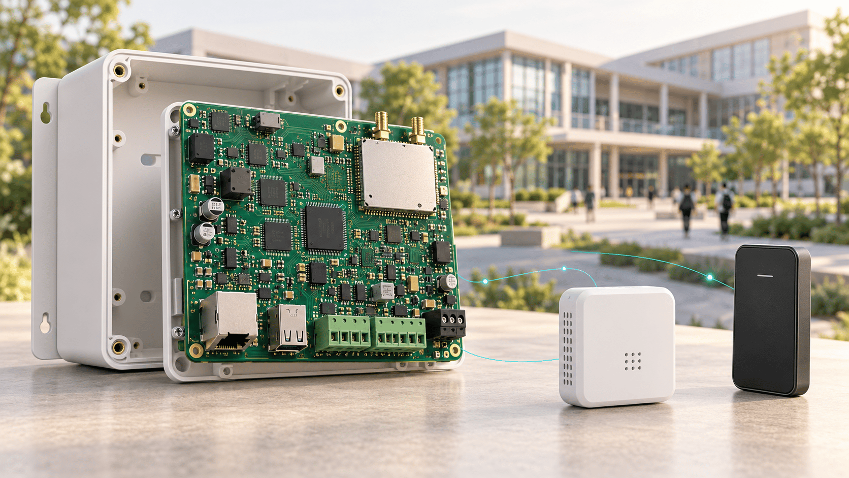 Illustration einer Campus-IoT-Gateway-Platine mit Raumsensor und Zutrittsleser.