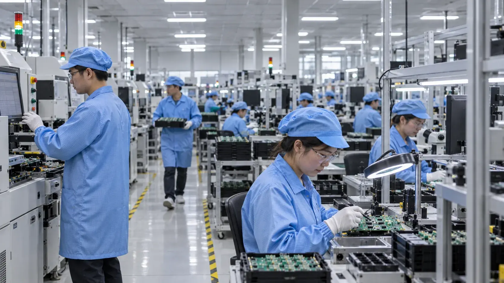 完成组装的电路板整齐放置在生产周转架上