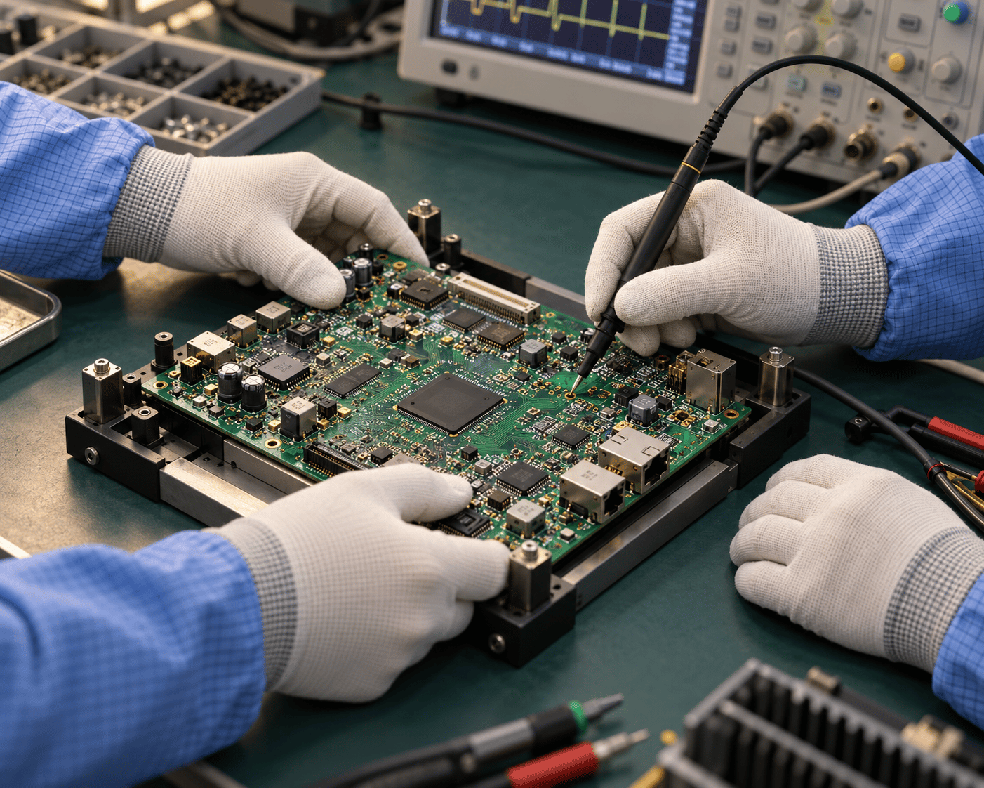 Illustrative image of engineers in ESD gloves inspecting a circuit board.
