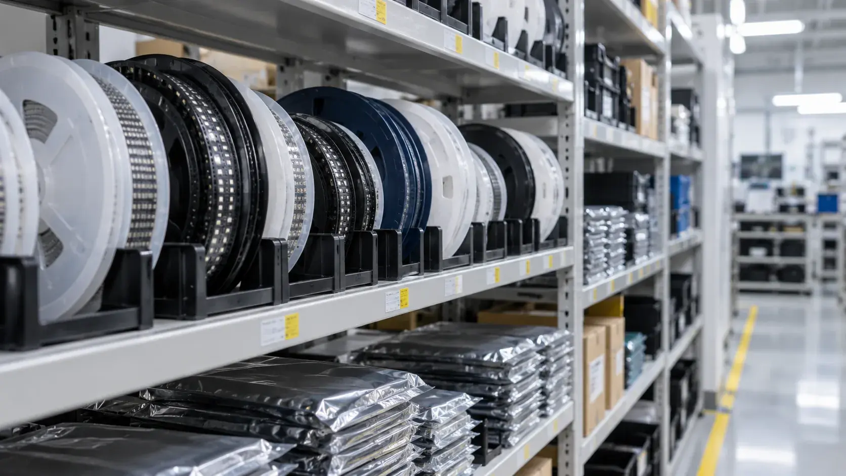 A production specialist checking labelled component reels against inventory records
