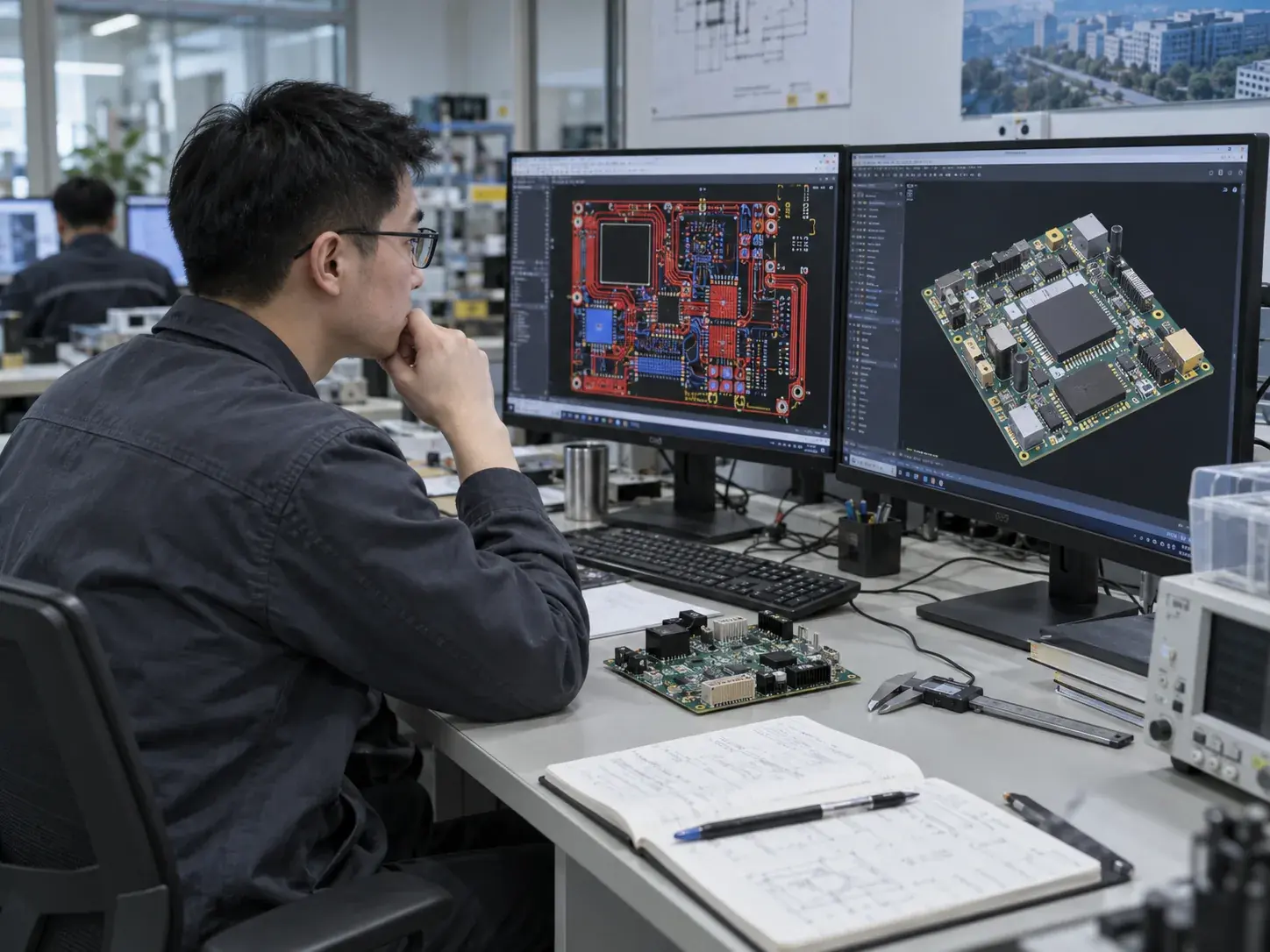 Electronics engineer reviewing a dense PCB layout alongside a physical assembled board